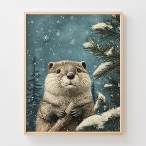 May include: A framed art print featuring a cute, furry animal, possibly a beaver or otter, holding a log. The artwork is set against a snowy, teal-colored background with pine trees and falling snowflakes. The print is in a wooden frame.