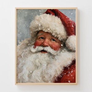 May include: An oil painting of Santa Claus featuring a thick white beard, rosy cheeks, and a red hat with white fur trim. The portrait is set against a gray background with visible white paint strokes representing falling snow throughout the scene.