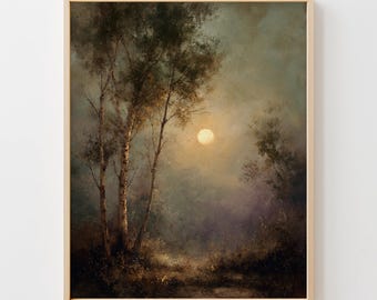 Moody Vintage Birch Trees - Atmospheric Moonlit Forest Scene, Dark Rustic Wall Art, Painterly Landscape, Printable Earthy Art Digital Primo