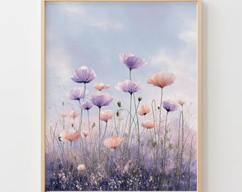 Rustic Cottagecore Lavender Poppy Field - Soft Pastel Meadow Landscape, Serene Watercolor Botanical Art, Printable Wall Decor, Primo