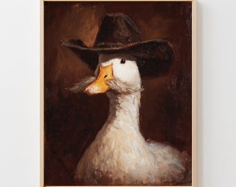 Printable Quirky Goose Portrait - Rustic Farmhouse Decor, Vintage Style Art, Anthropomorphic Goose Painting, Moody Wall Art Primo