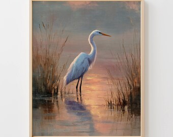 Serene Coastal Crane in Marshland - Moody Nature Printable, Impressionistic White Egret Art, Farmhouse Decor, Rustic Wall Art Primo