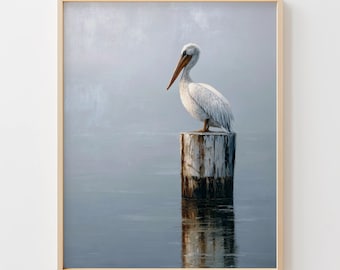 Coastal Pelican on Weathered Wooden Post - Serene Minimalist Art, Nautical Wildlife Decor, Coastal Farmhouse Printable Art Download Primo