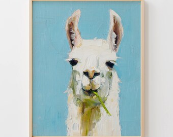 Cute Llama Portrait, Playful Animal Printable Art, Bright Wall Decor, Quirky Turquoise Background, Nursery Decor Digital Download Primo