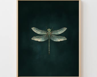 Vintage Dragonfly Wall Art - Moody Botanical Art, Dark Teal Background, Highly Detailed Printable, Natural History Illustration, Primo