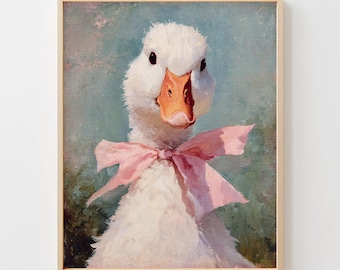 Vintage Cottagecore Goose Painting - Printable Farmhouse Animal Art, Charming White Goose with Pink Ribbon, Cozy Wall Decor, Primo