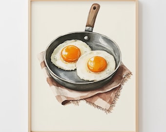 Printable Farmhouse Breakfast Wall Art - Rustic Sunny-Side-Up Eggs Gouache Painting, Cozy Kitchen Decor, Minimalist Food Print, Primo