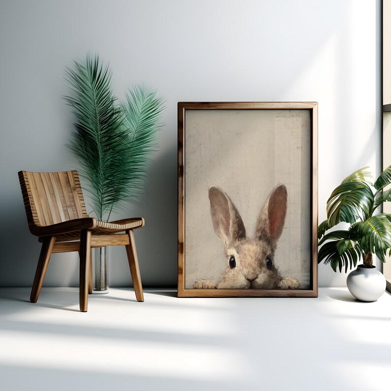 Cute brown rabbit wall art for nursery — charming vintage portrait with large eyes and soft hues perfect for cozy decor.