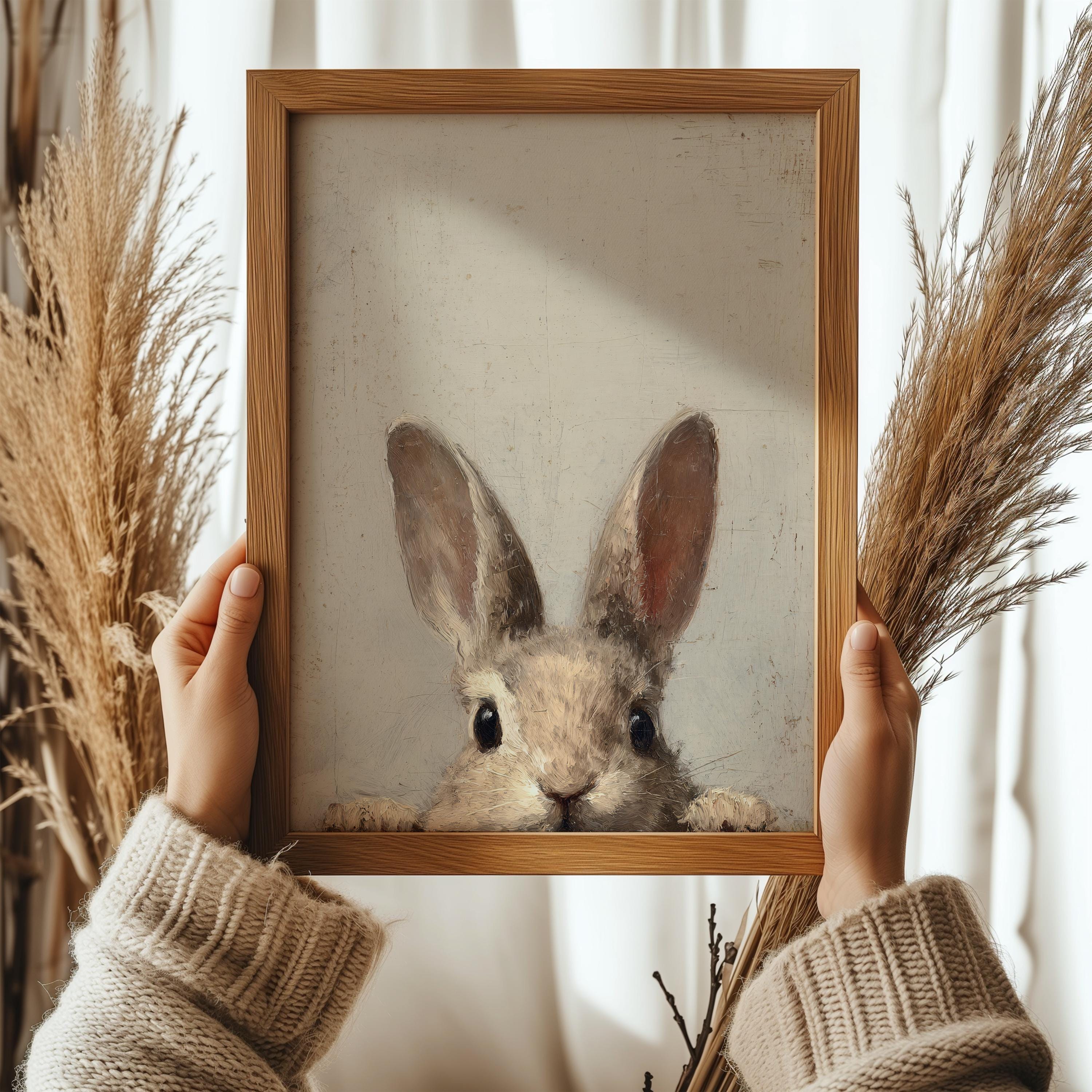 Peeking Rabbit Cottagecore Easter Printable Wall Art, Cozy Rustic Bunny ...