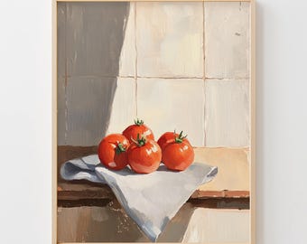Rustic Farmhouse Kitchen Wall Art - Cozy Tomato Still Life Painting, Warm Muted Gouache Print, Printable Cottagecore Kitchen Decor Primo