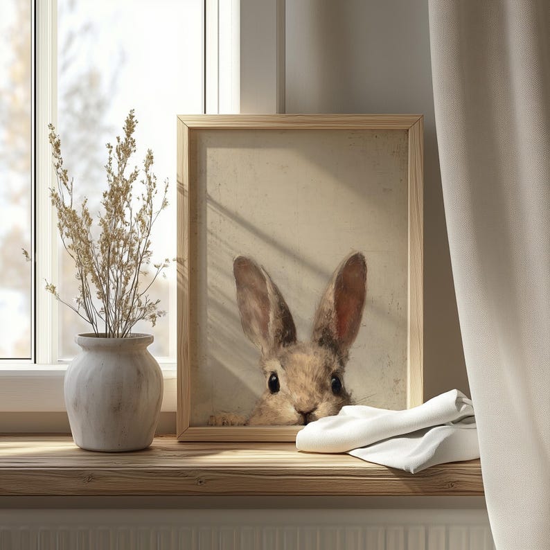 Brown bunny picture printable art for living space — nostalgic, painterly style adds a cozy touch to any rustic home setup.