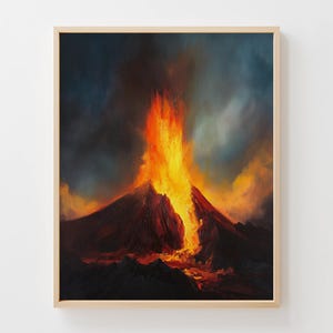 May include: An oil painting of a volcano erupting, with a fiery orange and yellow eruption against a dark, smoky sky. The mountain is a deep red and black, with lava flowing down its sides. The artwork is framed.