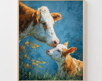 Cottagecore Printable Cow and Calf Art - Heartwarming Farmhouse Painting, Rustic Country Animal Decor, Pastoral Landscape Digital Primo