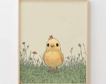 Rustic Farmhouse Baby Chick Nursery Art - Printable Cute Chick, Cottagecore Wildflowers, Playful Watercolor Painting, Instant Download Primo