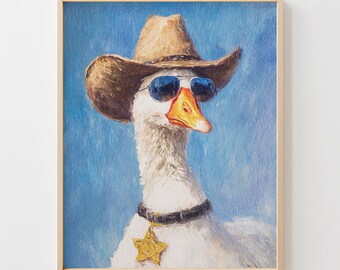 Quirky Goose in Aviator Sunglasses Painting - Playful Farmhouse Wall Art, Rustic Cowboy Vibe, Western Animal Portrait Printable Primo