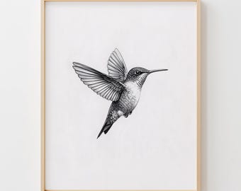 Neutral Hummingbird Print Illustration - Hand-Drawn Bird Art, Black-and-White Minimalist Decor, Nature-Inspired Wall Art, Digital Primo