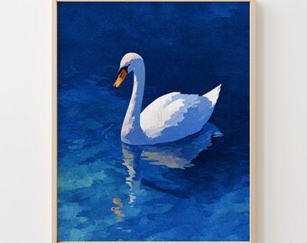 Minimalist White Swan on Deep Blue Lake - Moody Digital Watercolor Art, Modern Serene Wall Decor, Calming Printable Painting, Primo