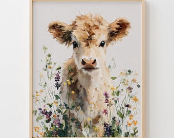 Rustic Highland Cow Calf Portrait - Cottagecore Farmhouse Decor, Printable Wall Art, Watercolor Animal Painting, Cute Baby Cow Primo