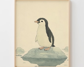 Lone Baby Penguin Printable Wall Art - Storybook Children's Illustration, Vintage Winter Decor, Soft Watercolor, Digital Download Primo