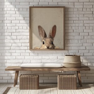 Brown bunny wall art decoration for children’s play area — whimsical and soft portrait that enchants with its vintage allure.