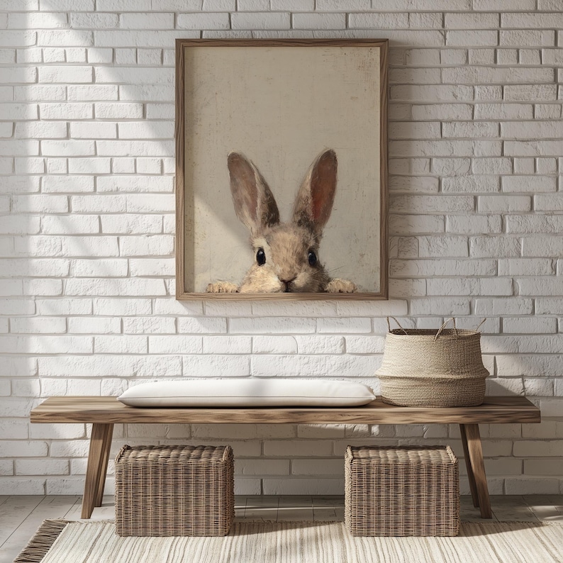 Brown bunny wall art decoration for children’s play area — whimsical and soft portrait that enchants with its vintage allure.