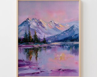 Snow-Capped Peak Mountain Lake - Serene Moody Wall Art, Pastel Tranquil Decor, Painterly Impressionistic Printable for Cozy Homes Primo