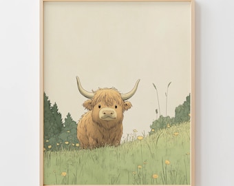 Rustic Highland Calf Children's Art - Cottagecore Landscape, Neutral Animal Print, Cozy Watercolor Pastoral Scene, Printable Digital Primo