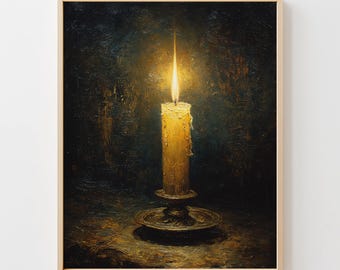 Moody Candlelight Still Life Printable - Vintage Rustic Candle Art, Classic Flickering Flame Decor, Cozy Home Download, Primo