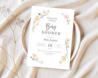 Floral Baby or Bridal Shower Editable Invitation and Welcome Sign Template Bundle - Printable or Digital Invite & Sign