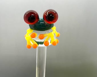 Teal Tree Frog Glass Plant Stake- Customizable Length- Eco Friendly- Handmade- Unique Gift Idea For Houseplant Lover, Garden Decor