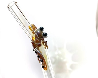 Caramel Gecko on Bent Clear Glass Straw- Unique Drinking Straw- Cute Critter- One of a Kind Gift Idea- Tiny Animal- Cocktail- Customizable