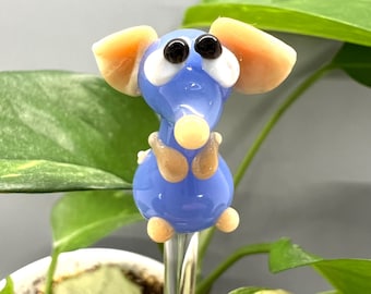 Blaue Maus Glaspflanzenstecker - Anpassbare Länge - Umweltfreundlich - Handgefertigt - Einzigartige Geschenkidee für Zimmerpflanzenliebhaber, Blumenstrauß und Gartendekoration
