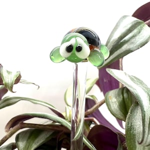 May include: A whimsical glass turtle plant stake with a clear stem. The turtle has a green head and flippers, black eyes, and a brown and black shell. The stake is inserted into a plant with green and purple leaves.