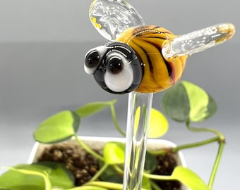 Bumble Bee Glass Plant Stake- Eco Friendly- Handmade- Unique Houseplant, Bouquet and Garden Decor