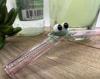 Sage Green Frog on Bent Pink Glass Straw
