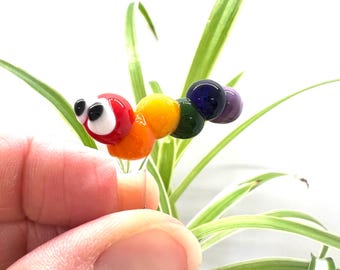 Estaca de vidrio con forma de oruga arcoíris - Ecológica - Hecha a mano - Planta de interior única, ramo y decoración de jardín