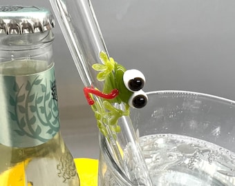 Green Frog with Curling Tongue on Straight Clear Glass Straw