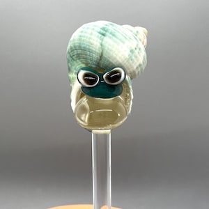 Könnte beinhalten: Ein skurriles Glaskunstwerk mit einem Einsiedlerkrebs-Design. Die Schale ist eine Mischung aus Grün und Weiß, mit dunklen Augen und einem teal-farbenen Körper. Es ist auf einem klaren Glasstiel montiert, ideal für die Heimdekoration.
