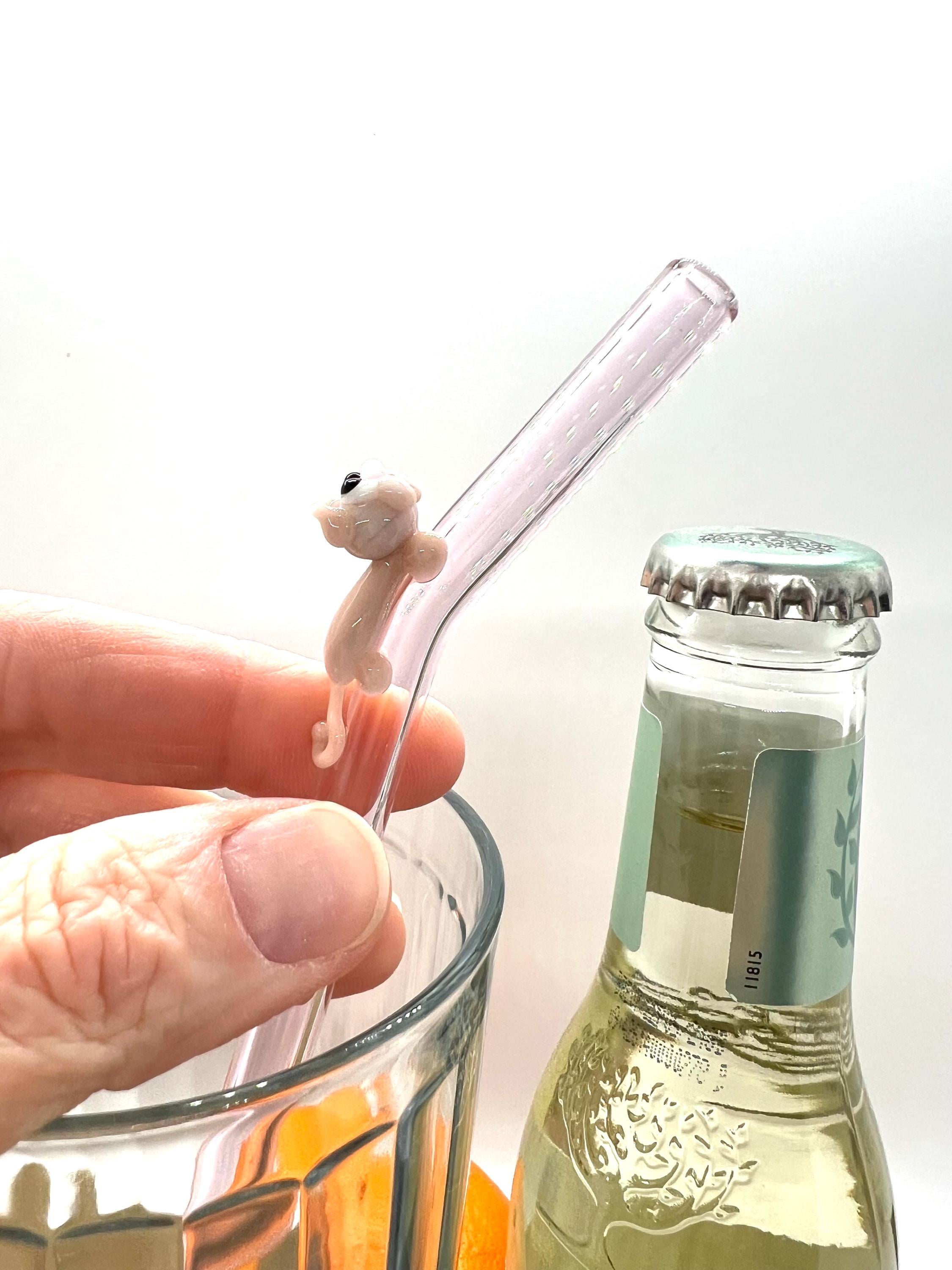 Beige Kitty Cat on Bent Pink Glass Straw- 8” long- Reusable Drinking Straw- Eco Friendly