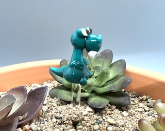 Teal T-Rex Dinosaur Glass Plant Stake- Cute Tiny Dino- Houseplant and Bouquet Decor- Unique Little Gift Idea