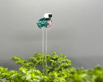 Teal Frog Glass Plant Stake- Customizable Length- Pink Valentine Heart- Unique Gift Idea For Houseplant Lover, Bouquet and Garden Decor