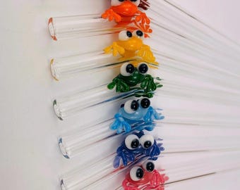 Bright Primary Frog Glass Straw- Unique Drinking Straw- Cute Critter- One of a Kind Gift Idea- Tiny Animal- Cocktail- Customizable