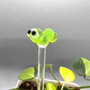 以下が含まれることがあります： 透明なガラス棒の上に、黒い目と白い瞳を持つ緑色のガラス製の虫が乗っています。虫は鉢植えの植物の上に座っています。