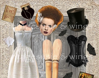 BRIDE of FRANKENSTEIN Digital Paper Doll Vintage Horror Movies Collage Sheet Digital Download HALLOWEEN