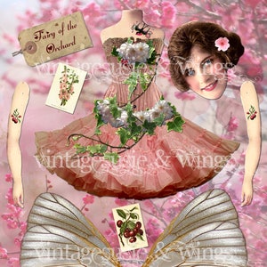 FAIRY del FRUTTETO Foglio di collage di bambola di carta digitale Vintage Cherry Fairy Paper Doll Download digitale