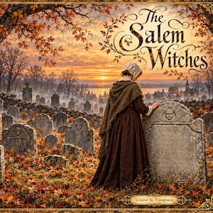 May include: A digital illustration titled The Salem Witches featuring a person in a brown dress and bonnet standing in a cemetery at sunset. The scene includes numerous weathered gravestones, fallen autumn leaves, and a distant town.