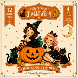 May include: A digital download set titled My Vintage Halloween featuring 12 vintage pages and 4 zip files. The illustration shows two children in black dresses with stars, a jack-o'-lantern, two black cats, autumn leaves, and a crescent moon.