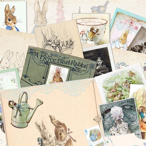 Puede incluir: Una colección de ilustraciones y efímeras vintage con conejos, pájaros y otras criaturas del bosque. Las imágenes están impresas en papel y tienen un aspecto descolorido y antiguo. El texto en una de las imágenes dice "The Story of a Fierce Bad Rabbit."
