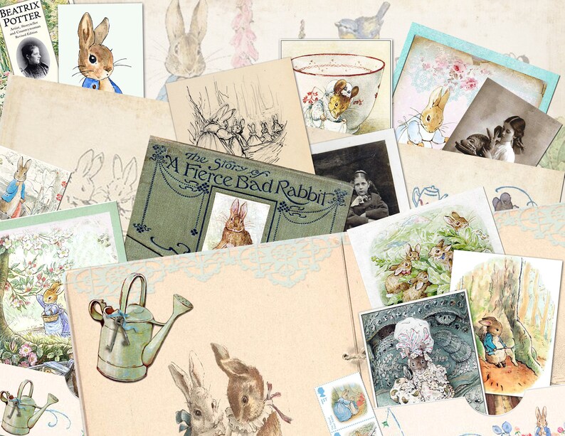 Vintage PETER RABBIT EASTER Kit 1 , Beatrix Potter Junk Journal Collage Sheets Digital Download Scrapbooking 5 Pages image 1