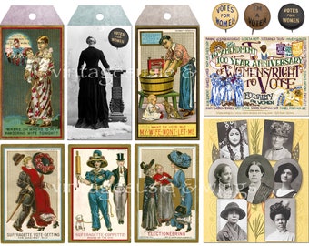 DIGITAL Vintage WOMEN SURRAGETTES, 19th Amendment, Womens Votes Junk Journal Kit#2, Printable Digital Download, Collage, 5 Pages